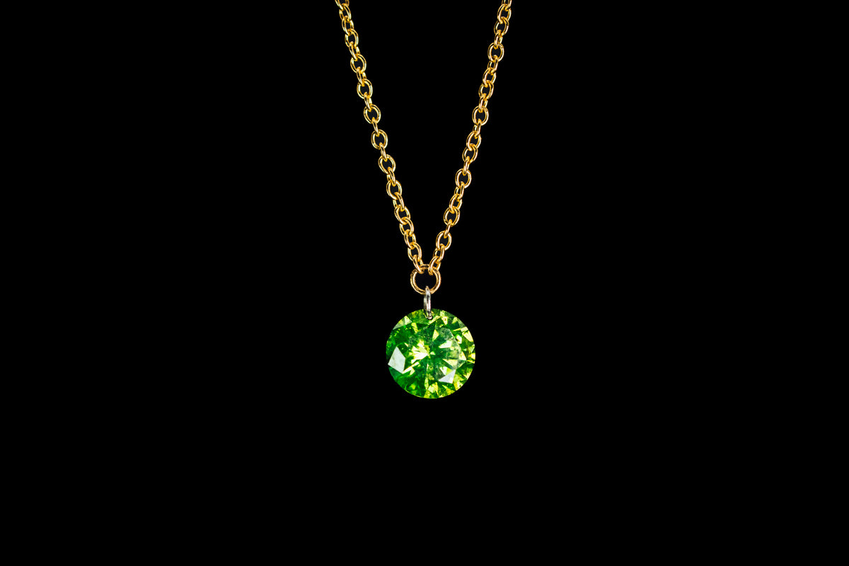 14k Yellow Gold Laser Drilled Dancing Green Diamond Necklace