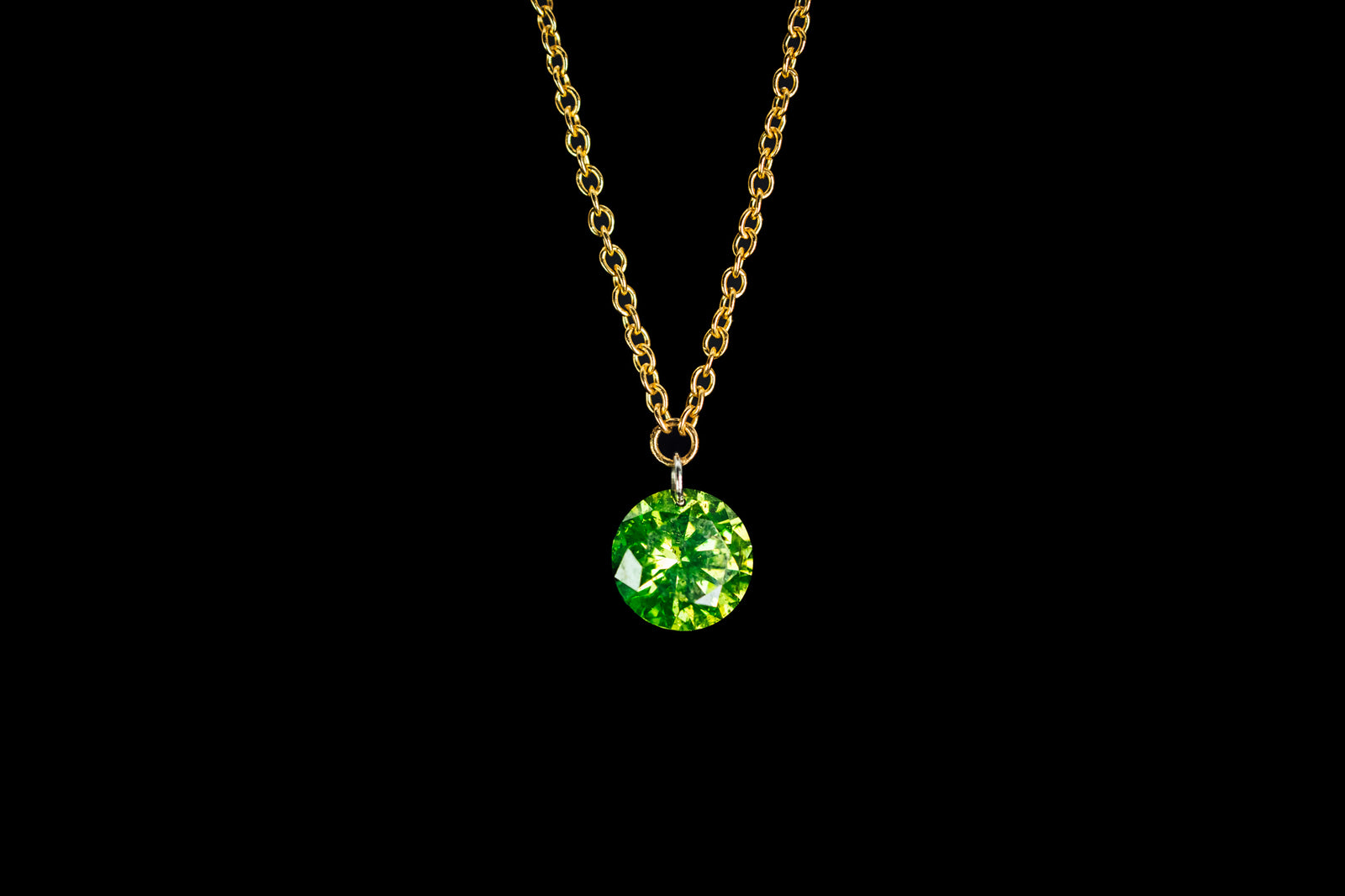 14k Yellow Gold Laser Drilled Dancing Green Diamond Necklace