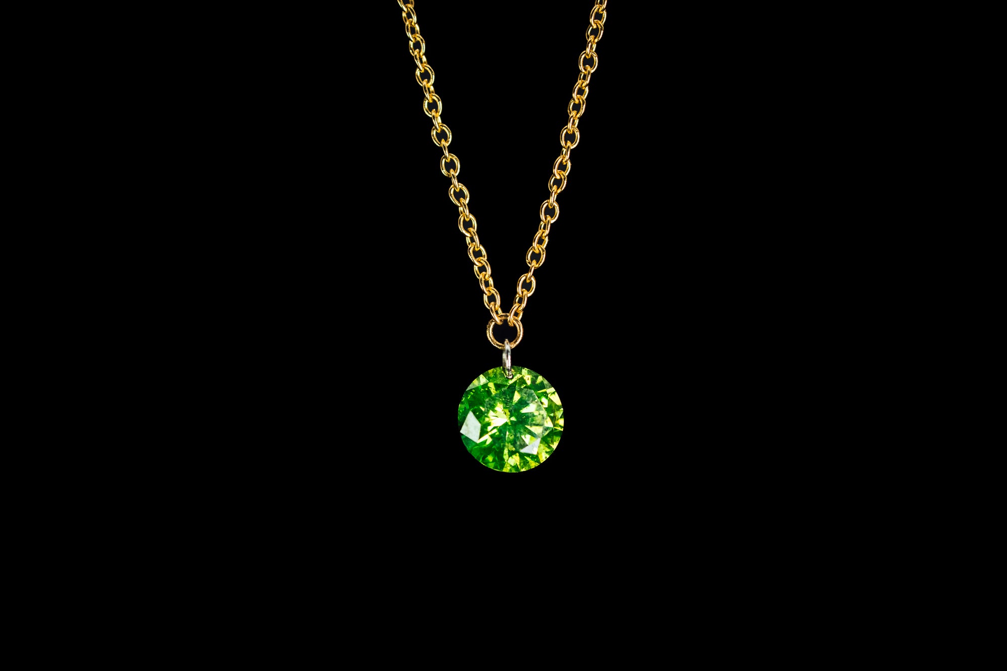 14k Yellow Gold Laser Drilled Dancing Green Diamond Necklace