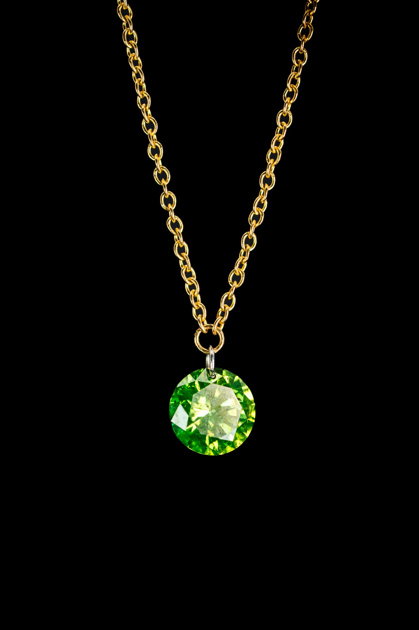 14k Yellow Gold Laser Drilled Dancing Green Diamond Necklace