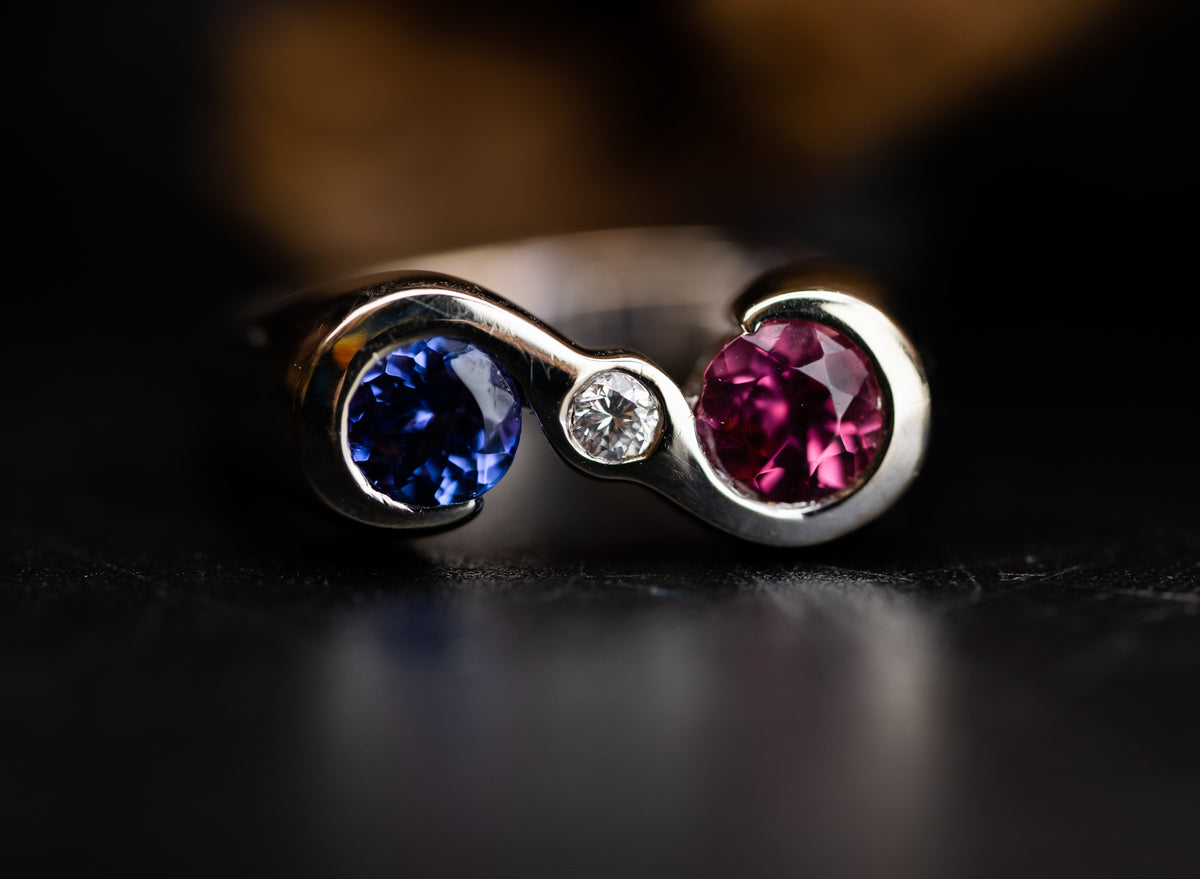 14k White Gold Tanzanite Pink Tourmaline and Diamond Ring