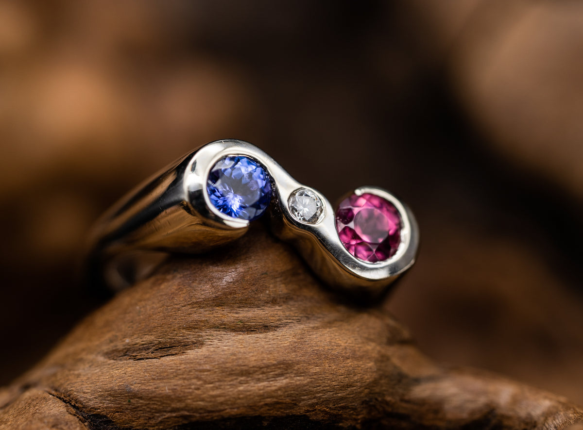14k White Gold Tanzanite Pink Tourmaline and Diamond Ring