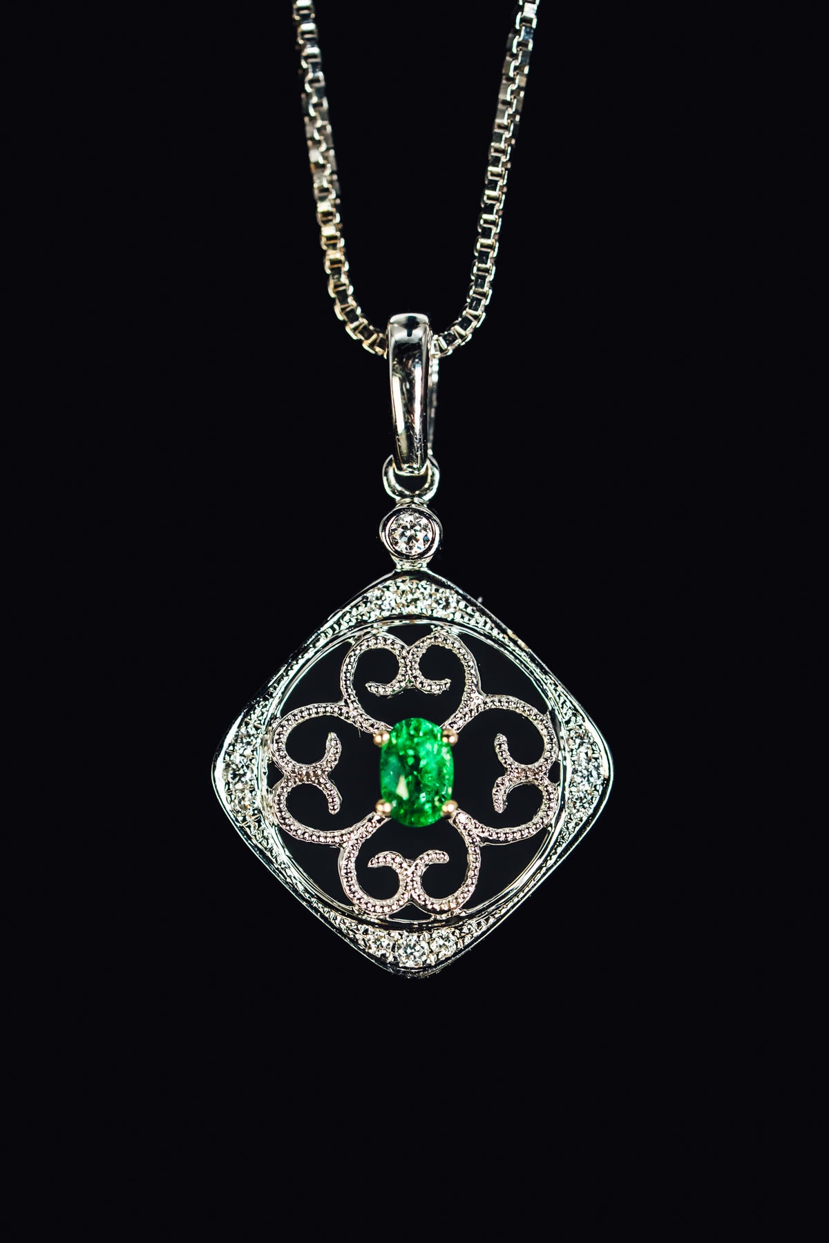 14k White Gold Tsavorite Garnet and Diamond Vintage Style Pendant