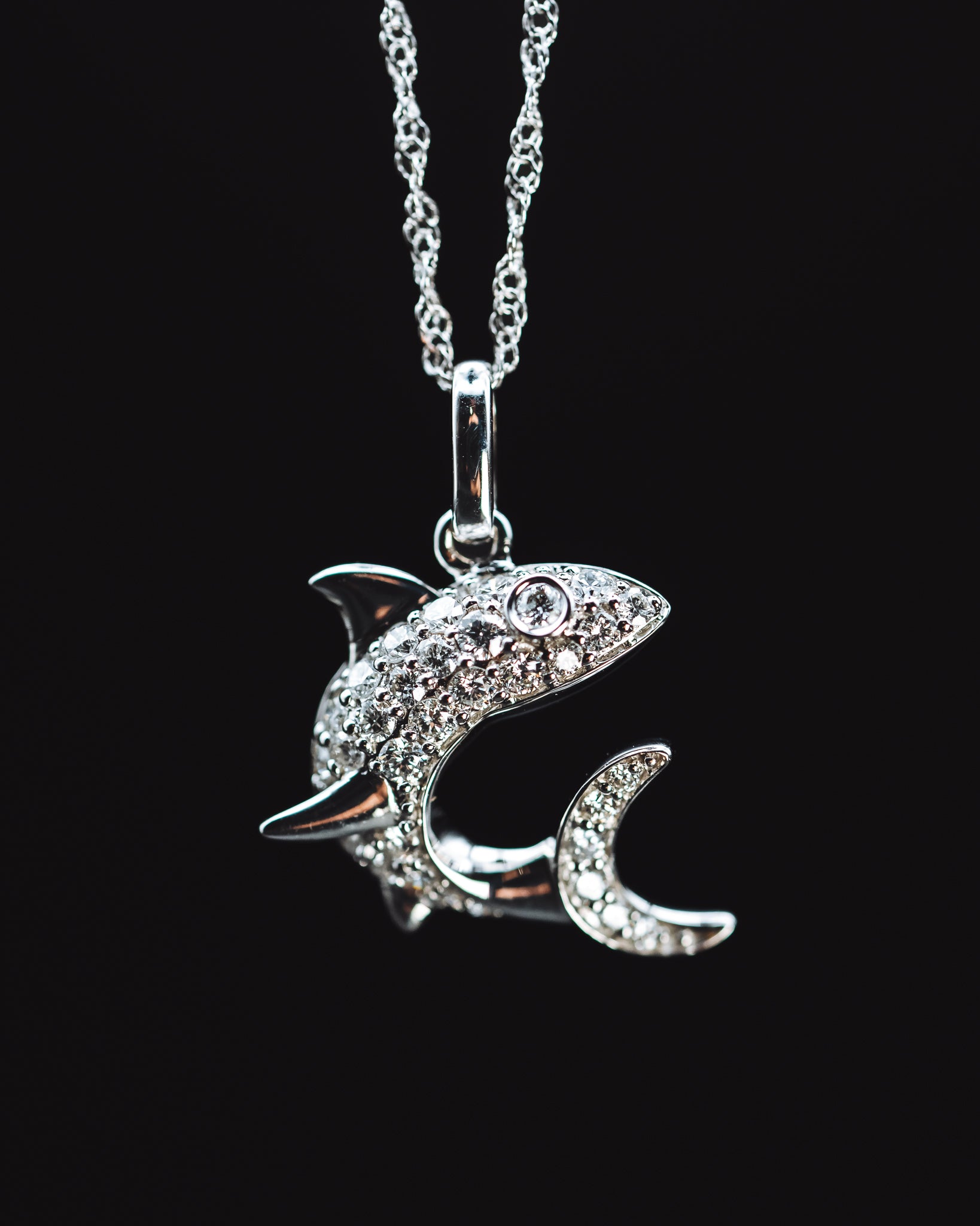 14k White Gold Diamond Fish Necklace