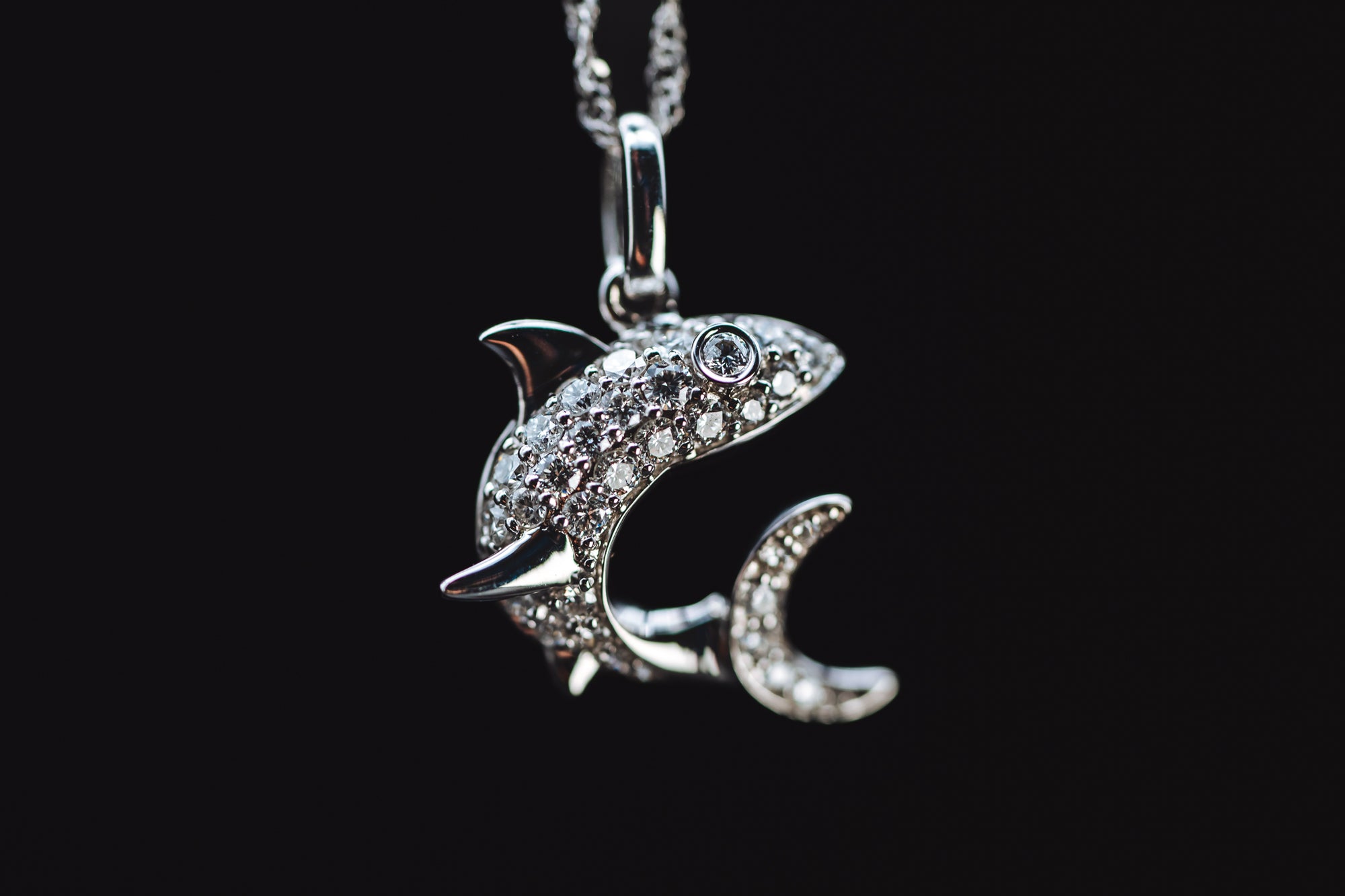 14k White Gold Diamond Fish Necklace