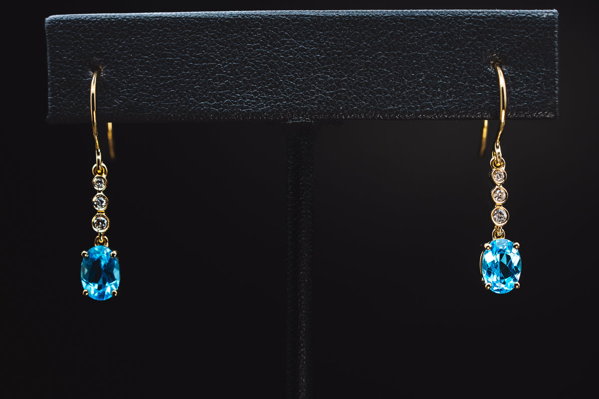 14k Yellow Gold Blue Topaz and Diamond Earrings
