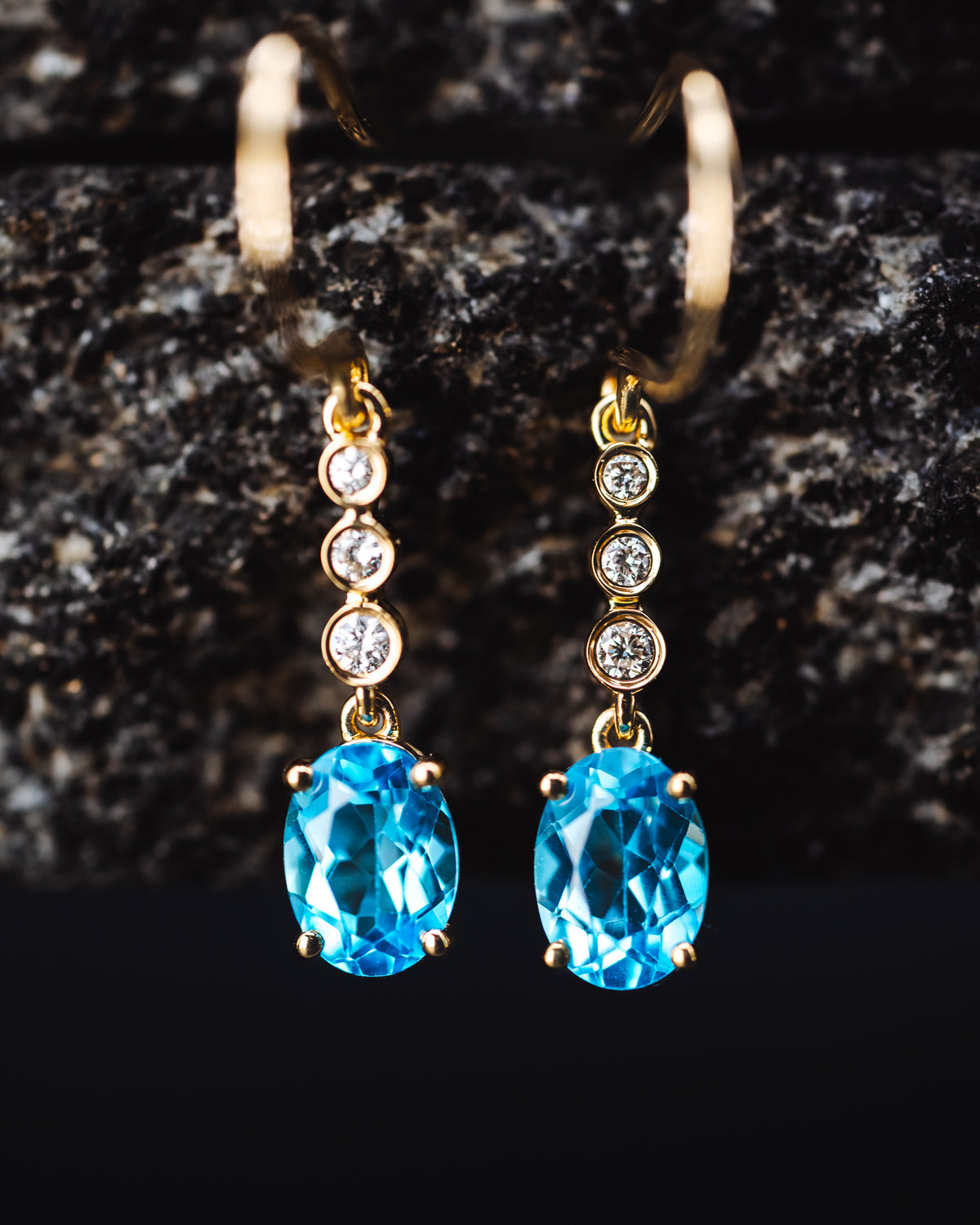 14k Yellow Gold Blue Topaz and Diamond Earrings
