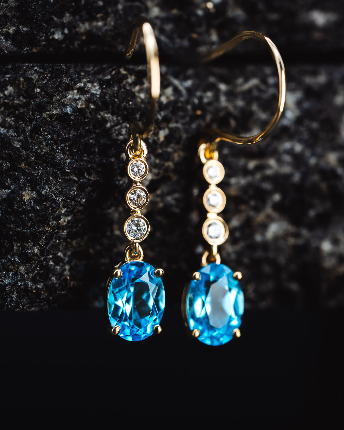 14k Yellow Gold Blue Topaz and Diamond Earrings