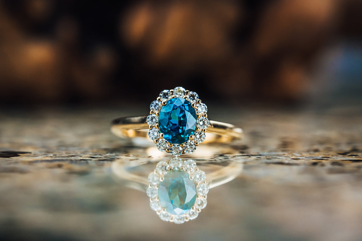 14k Yellow Gold Blue Zircon and Diamond Ring