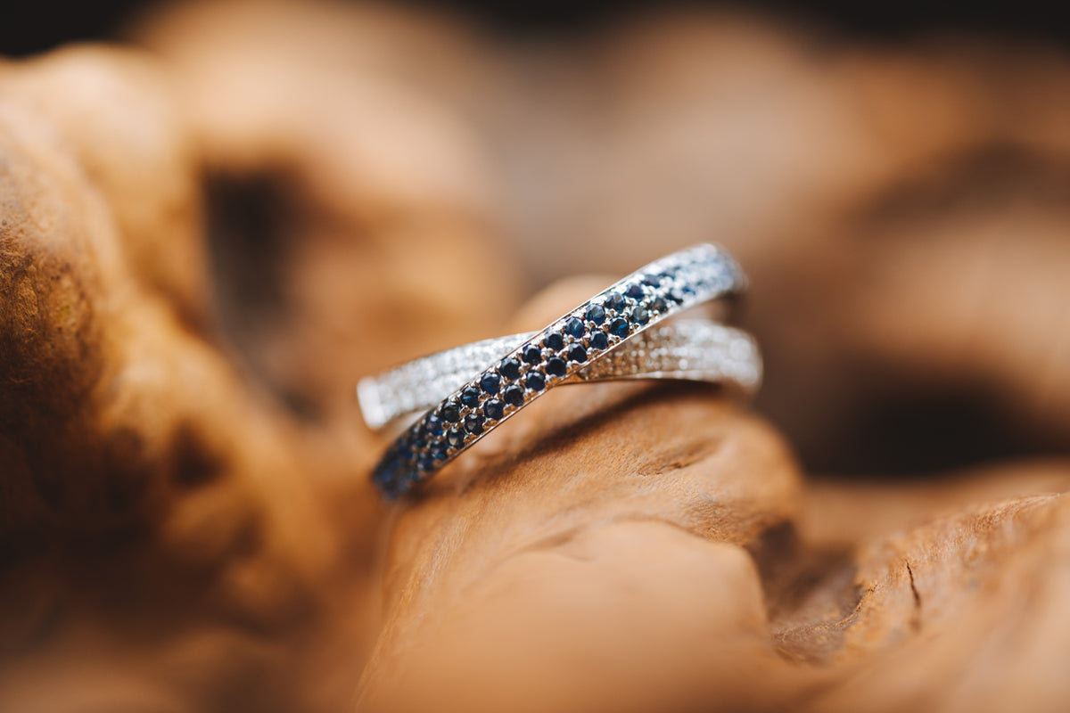 14k White Gold Sapphire and Diamond Criss Cross Band