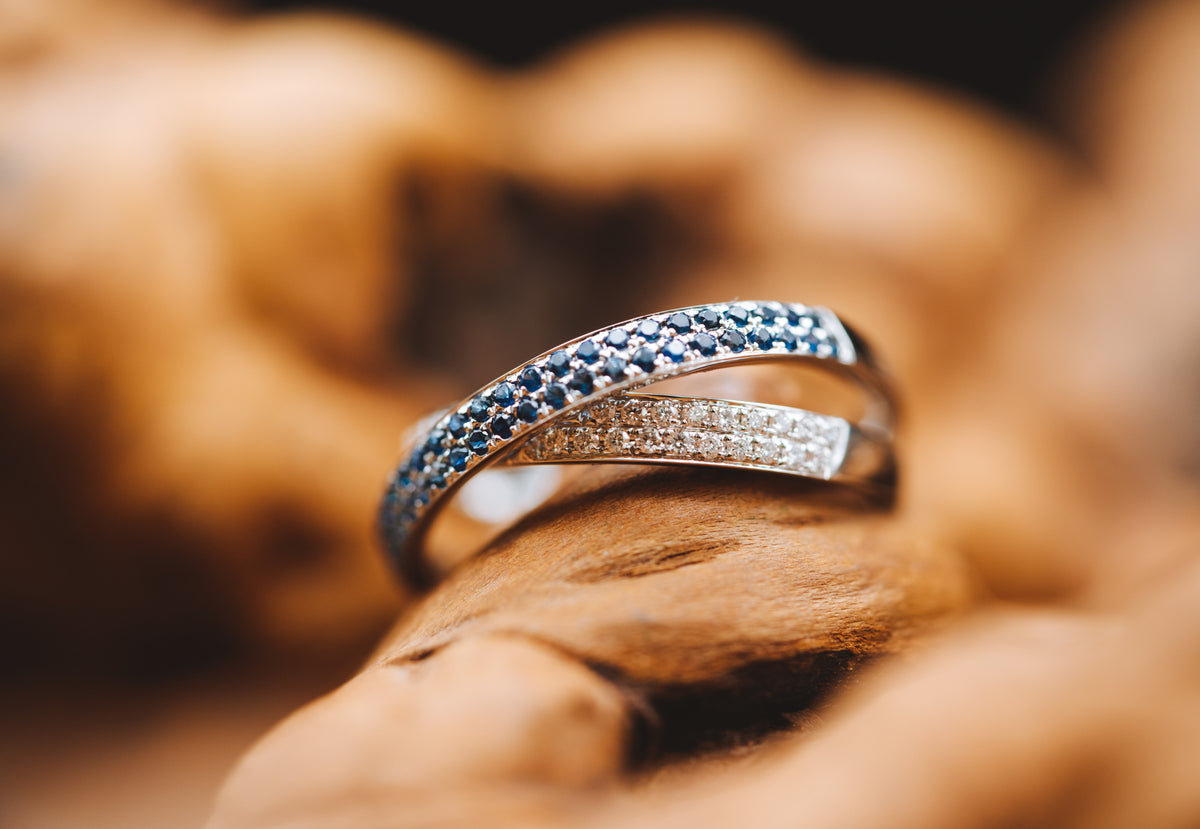 14k White Gold Sapphire and Diamond Criss Cross Band