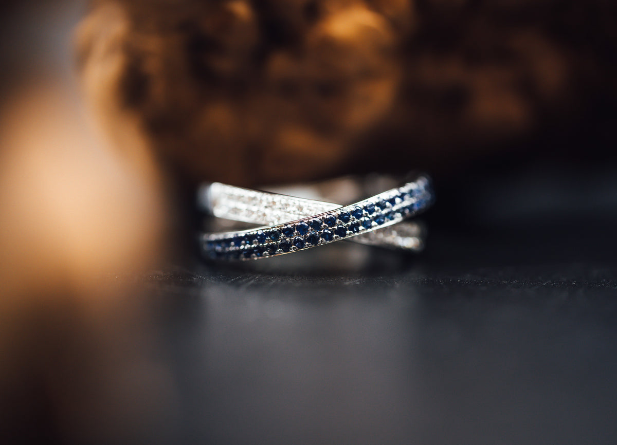 14k White Gold Sapphire and Diamond Criss Cross Band
