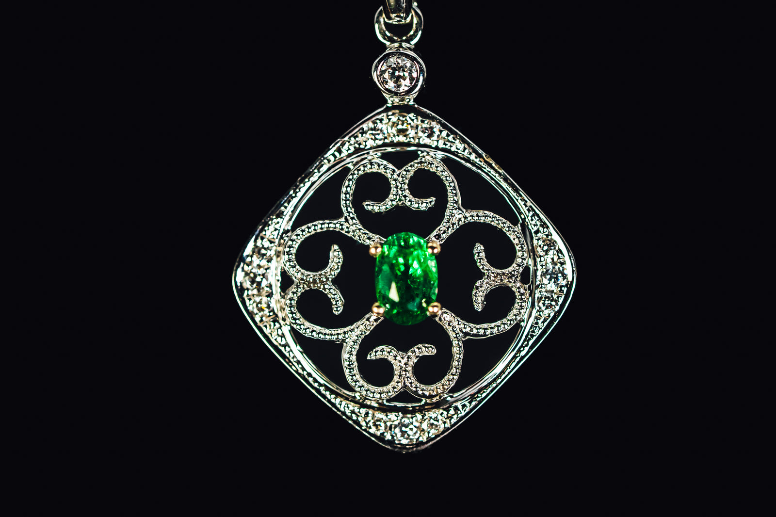 14k White Gold Tsavorite Garnet and Diamond Vintage Style Pendant