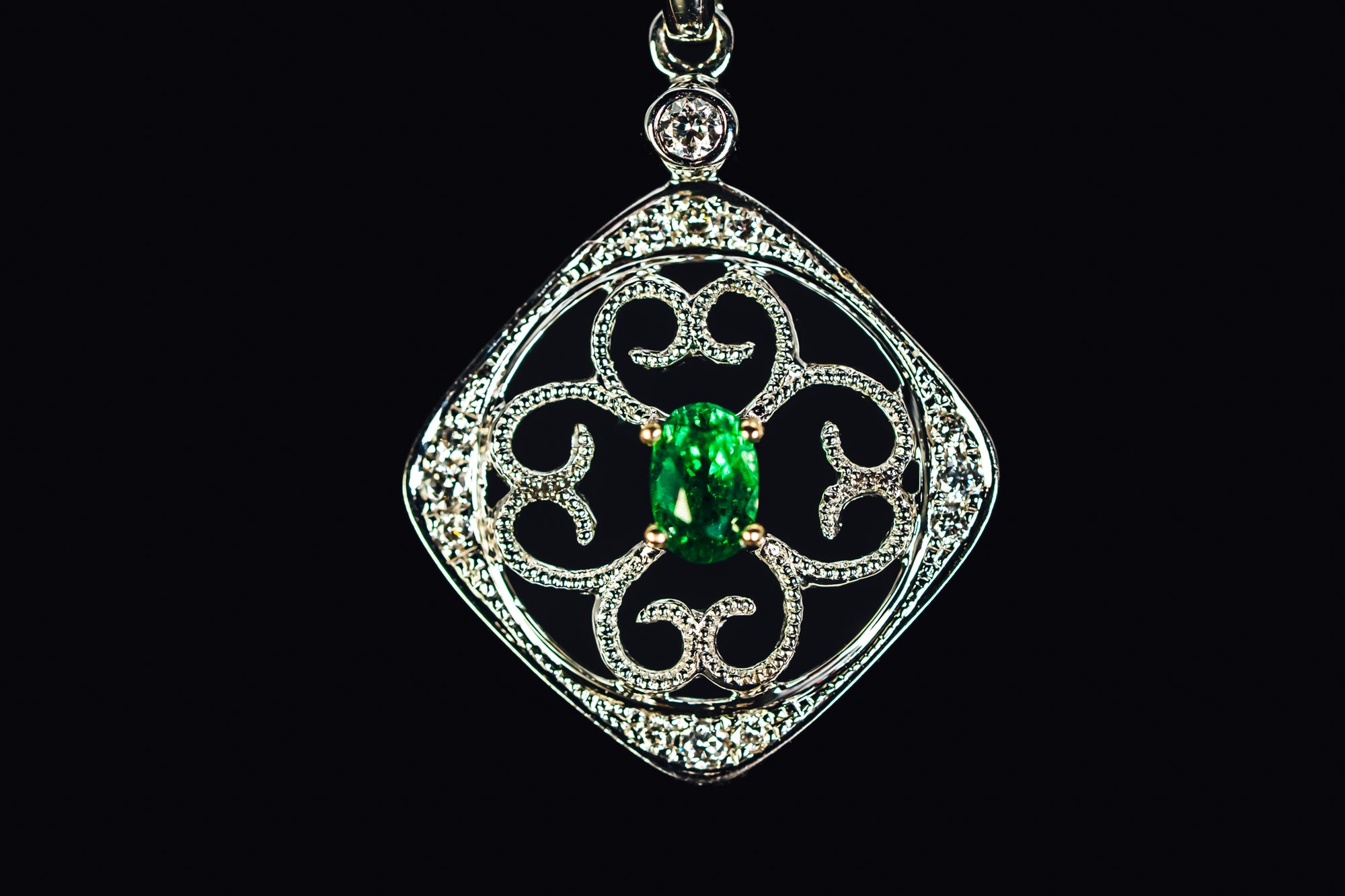 14k White Gold Tsavorite Garnet and Diamond Vintage Style Pendant