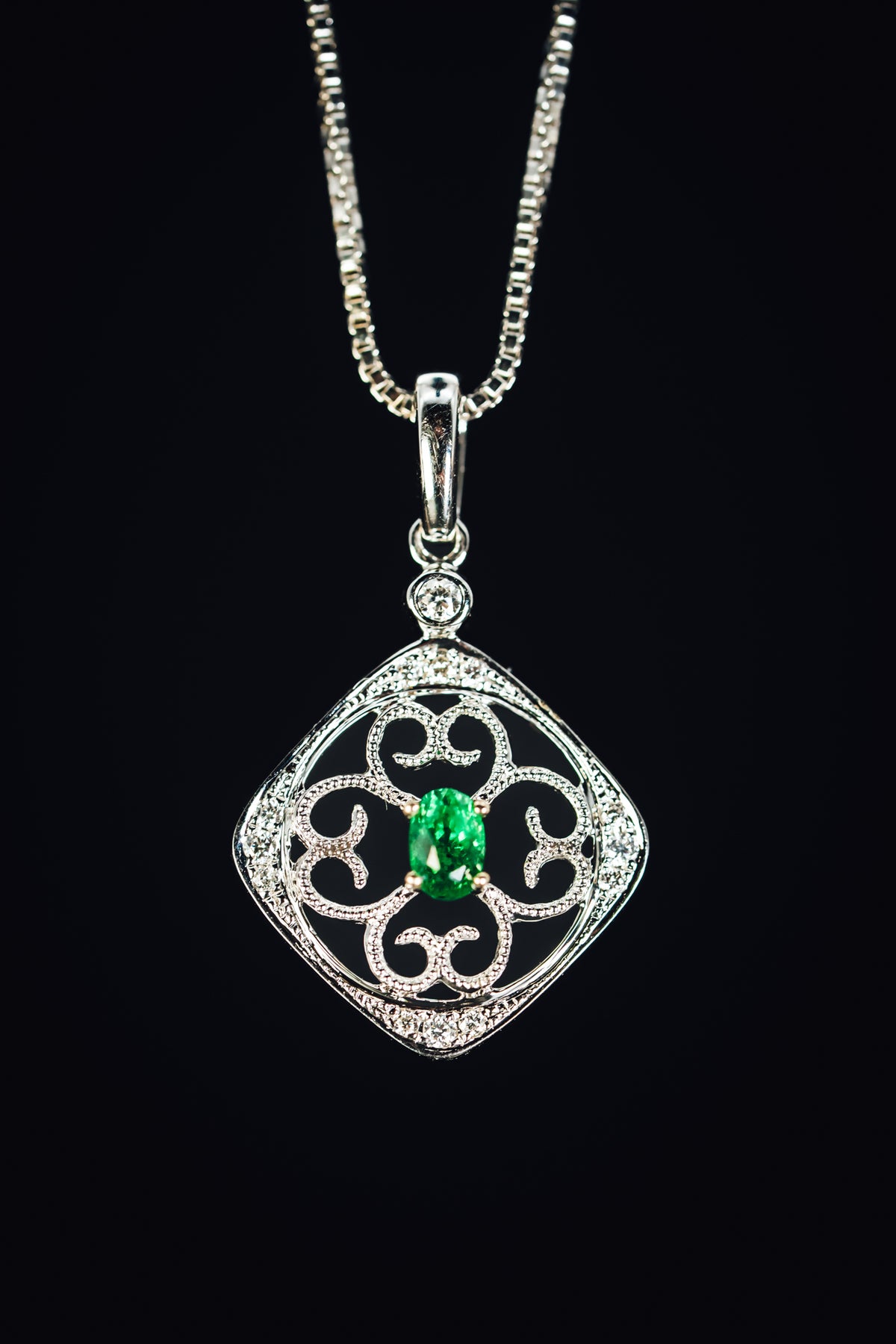 14k White Gold Tsavorite Garnet and Diamond Vintage Style Pendant