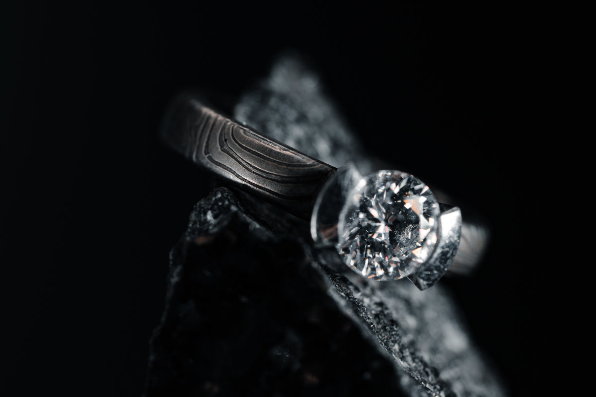 14k White Gold and Platinum Mokume Gane Diamond Ring