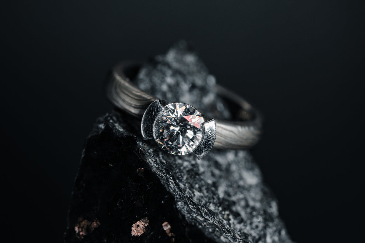 14k White Gold and Platinum Mokume Gane Diamond Ring