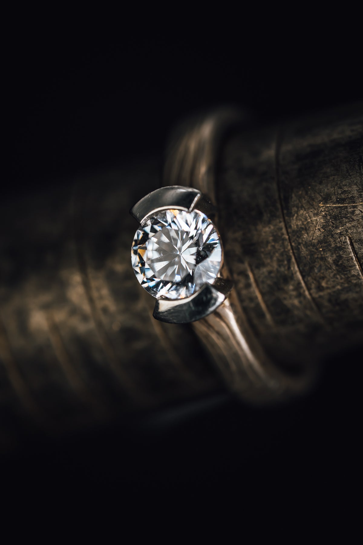 14k White Gold and Platinum Mokume Gane Diamond Ring