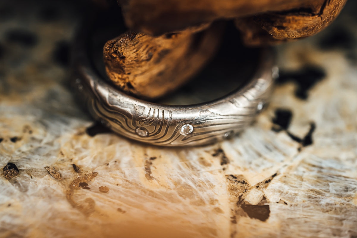 14k Gray Gold and Sterling Silver Mokume Gane Diamond Ring