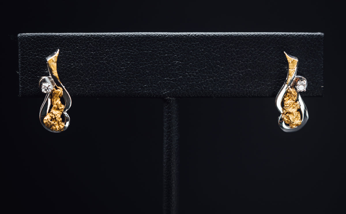 14k White Gold Alaskan Gold Nugget and Diamond Earrings