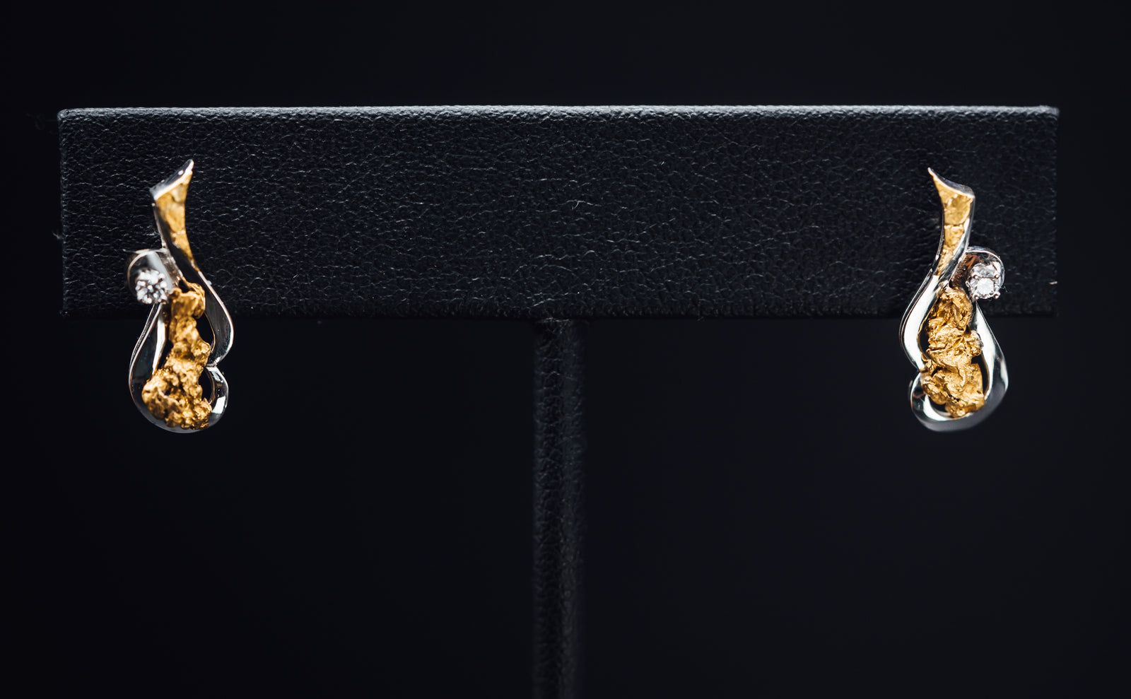 14k White Gold Alaskan Gold Nugget and Diamond Earrings