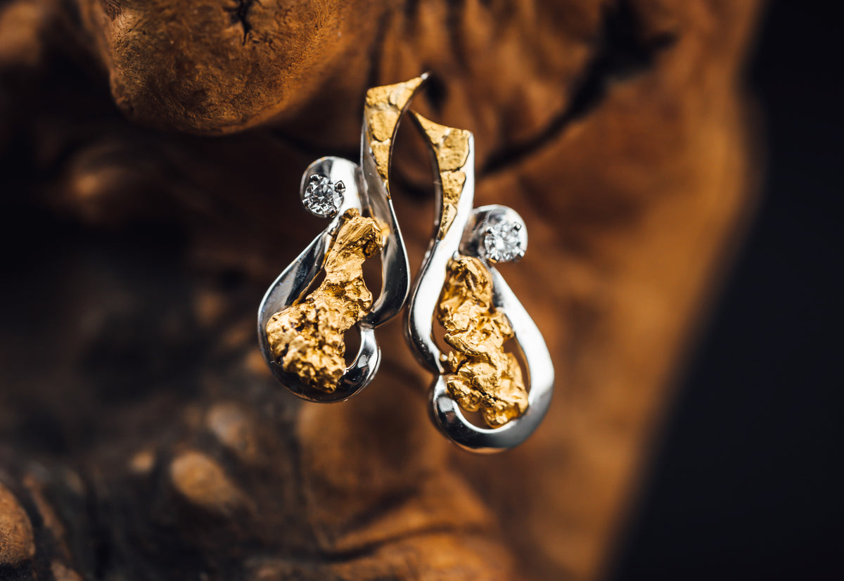 14k White Gold Alaskan Gold Nugget and Diamond Earrings