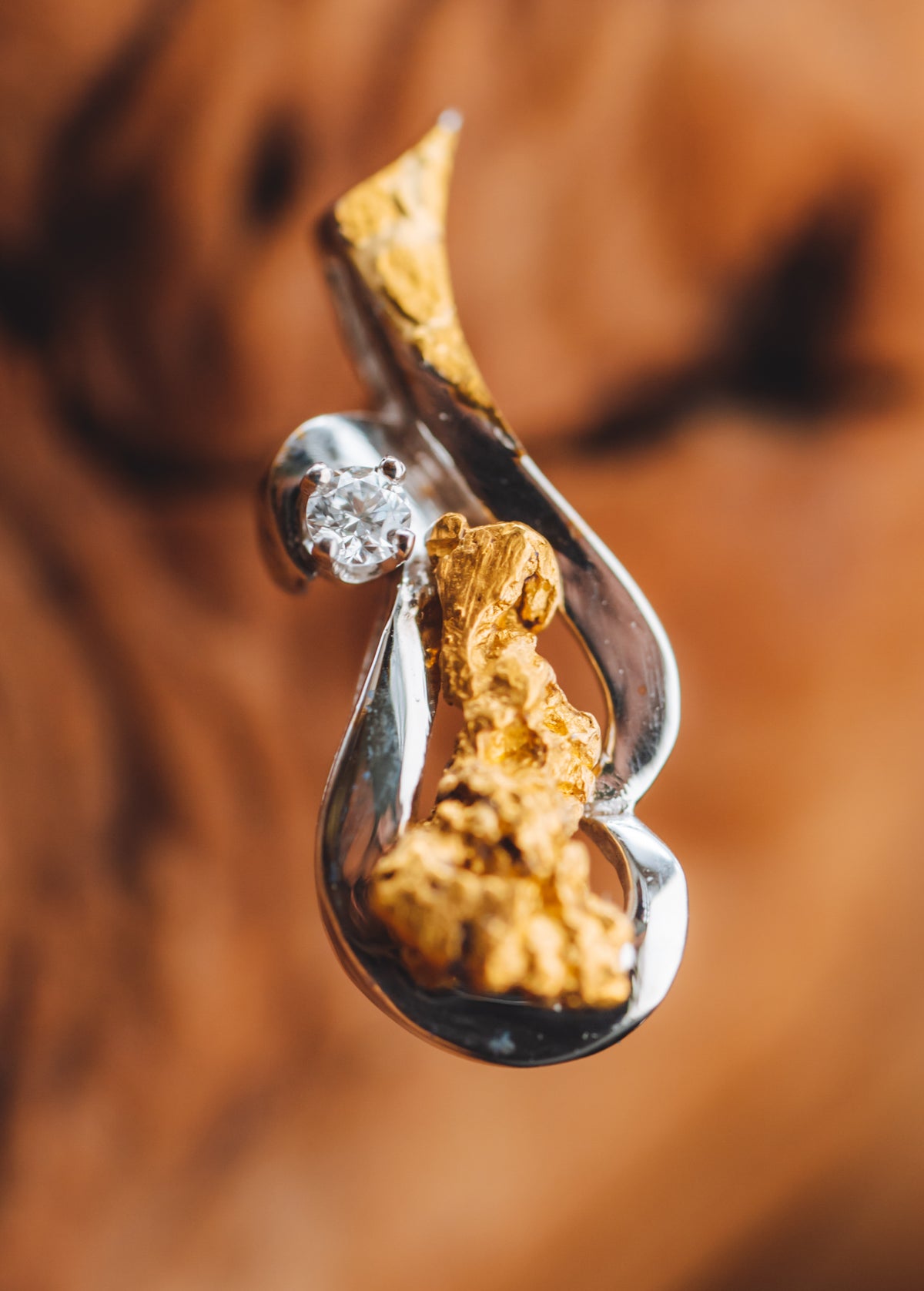 14k White Gold Alaskan Gold Nugget and Diamond Earrings