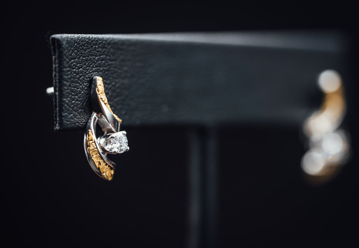 14k White Gold Alaskan Gold Nugget and Diamond Earrings