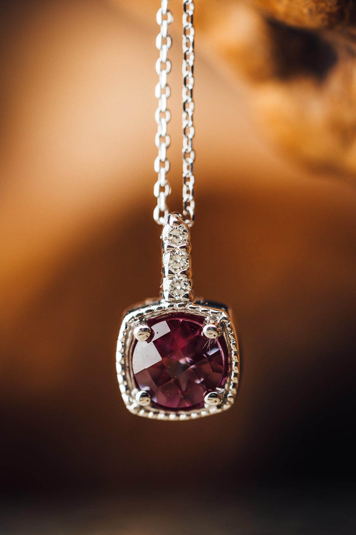 14k White Gold Rhodolite Garnet and Diamond Pendant