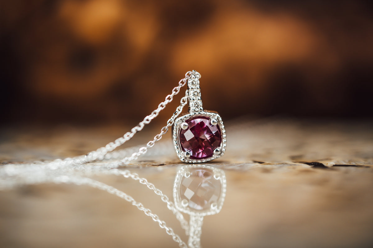 14k White Gold Rhodolite Garnet and Diamond Pendant