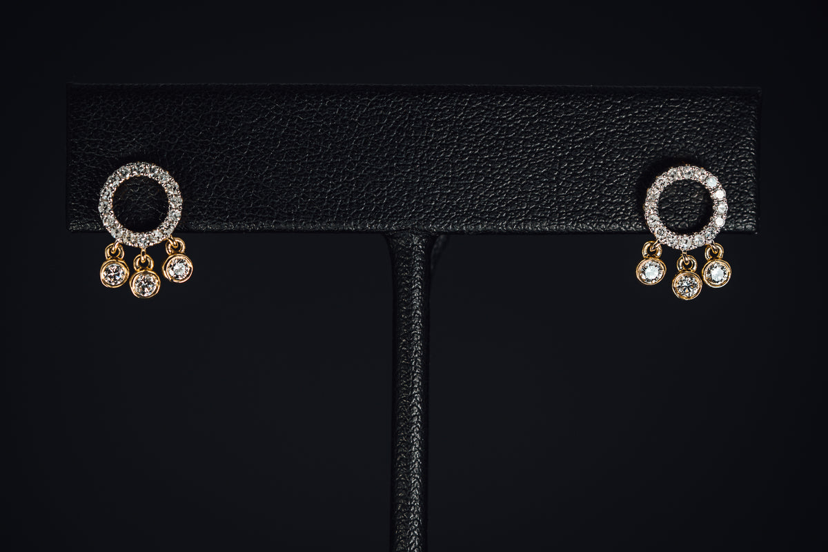 14k Yellow Gold Circle and Diamond Drop Earrings