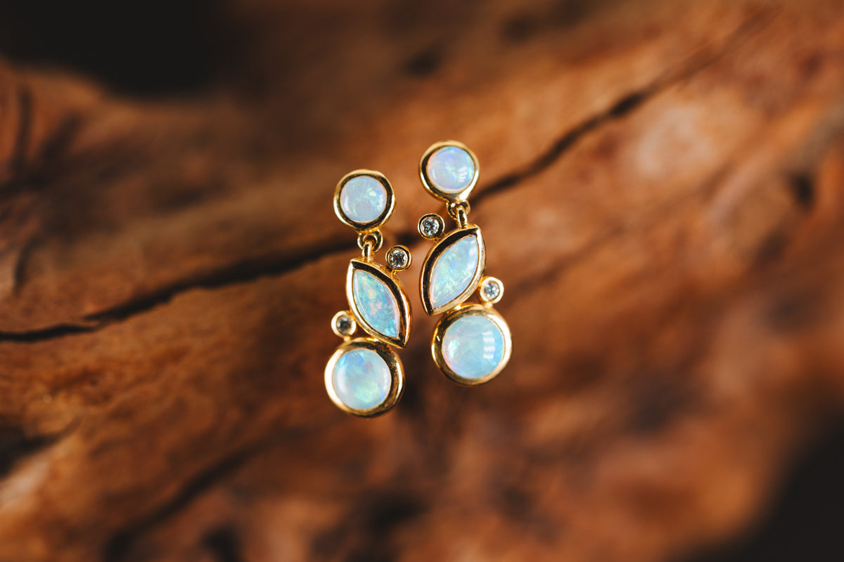 14k Yellow Gold Opal and Diamond Earrings