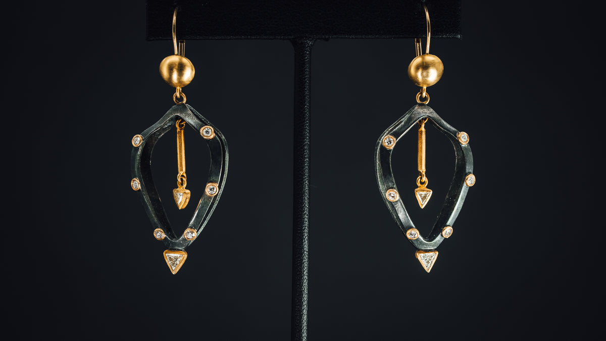 24k Yellow Gold and Oxidized Sterling Silver Diamond Earrings