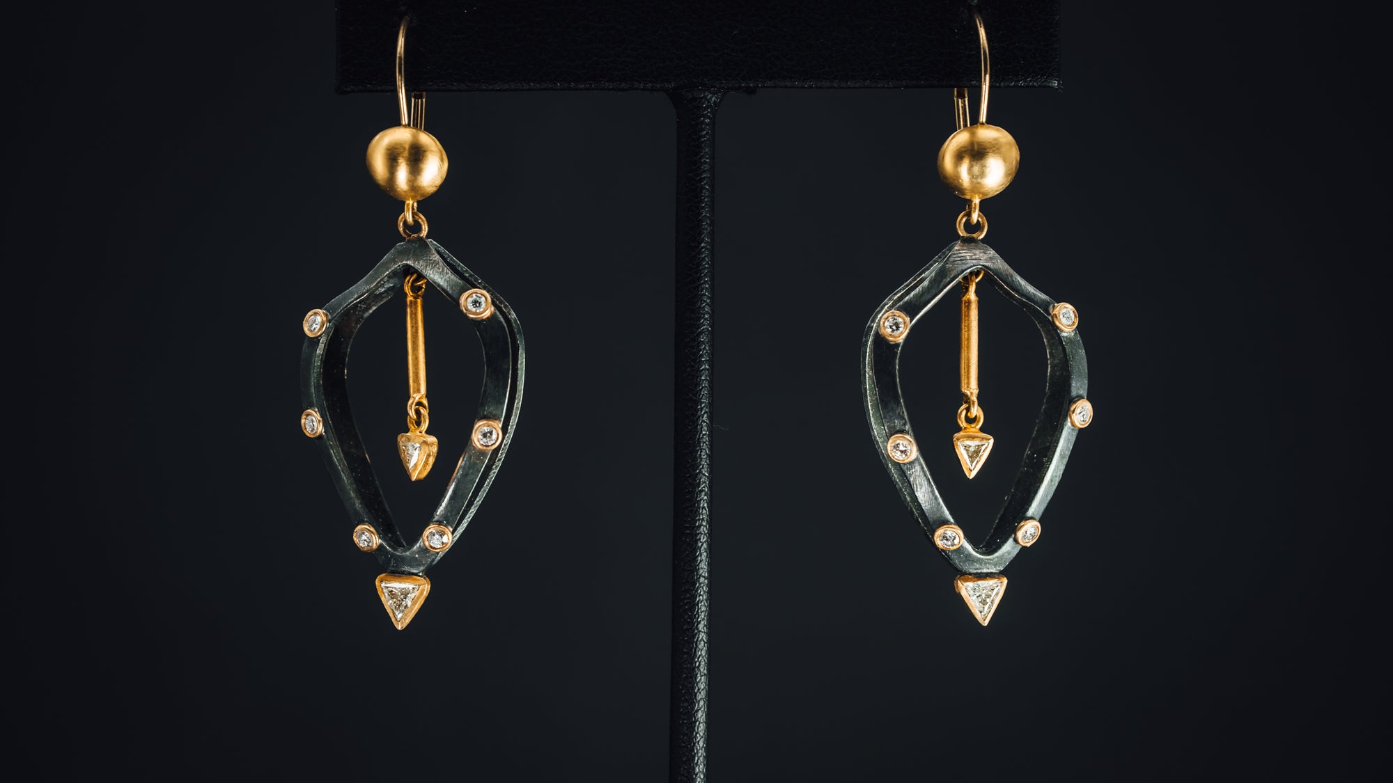 24k Yellow Gold and Oxidized Sterling Silver Diamond Earrings