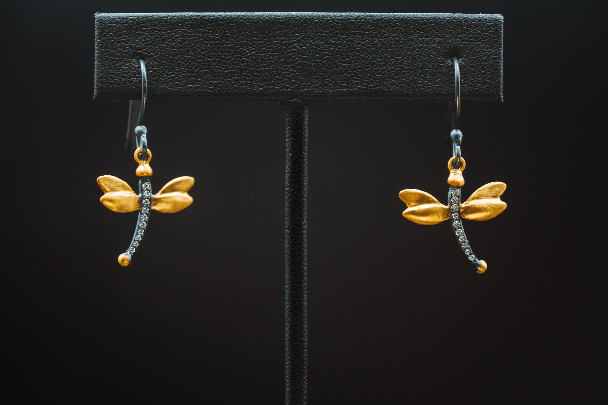 24k Yellow Gold, Oxidized Sterling Silver and Diamond Dragonfly Earrings