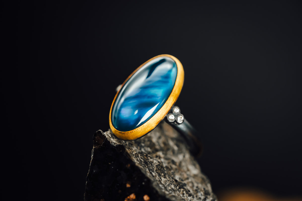 Oxidized Sterling Silver and 24k Yellow Gold London Blue Topaz and Diamond Ring