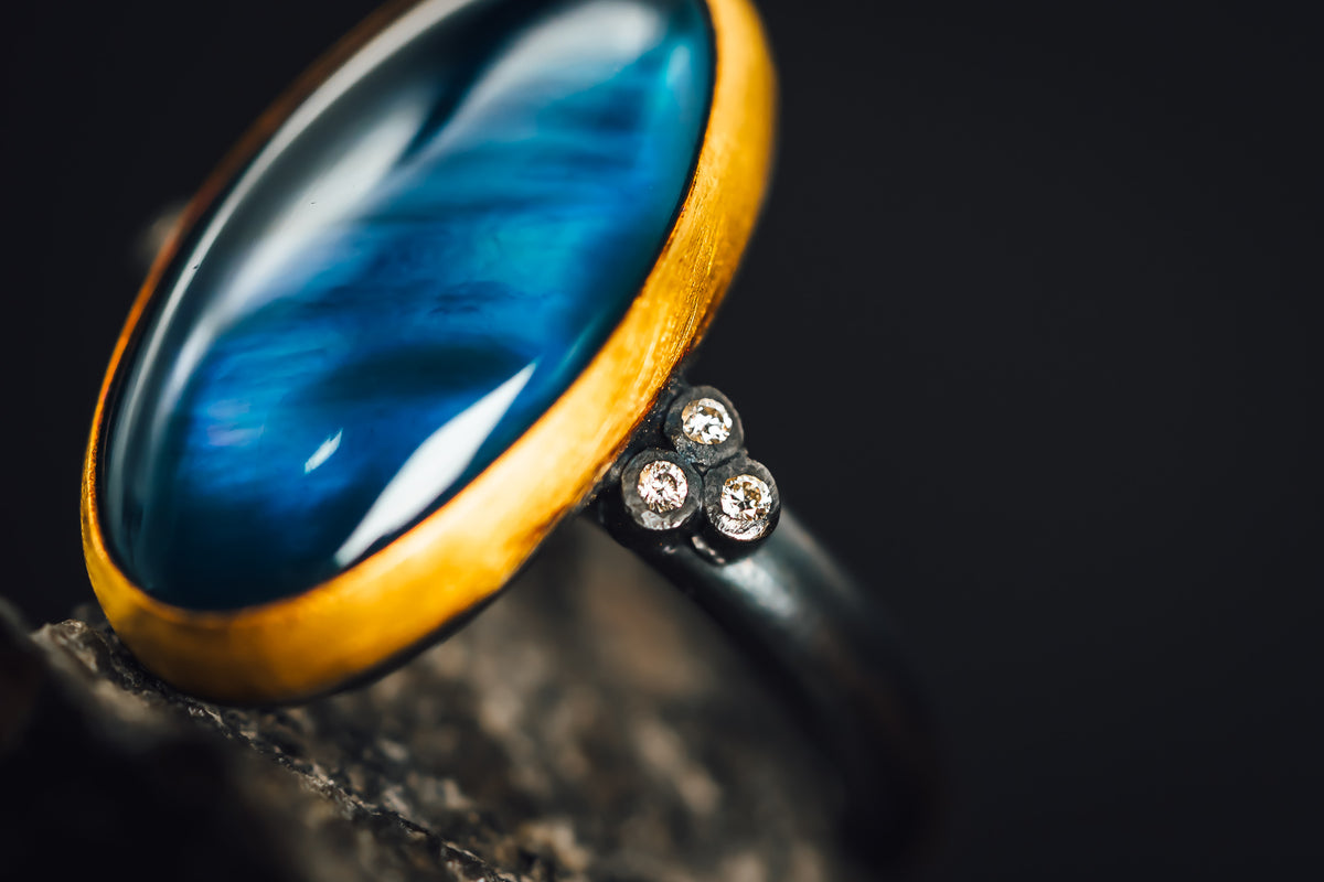 Oxidized Sterling Silver and 24k Yellow Gold London Blue Topaz and Diamond Ring