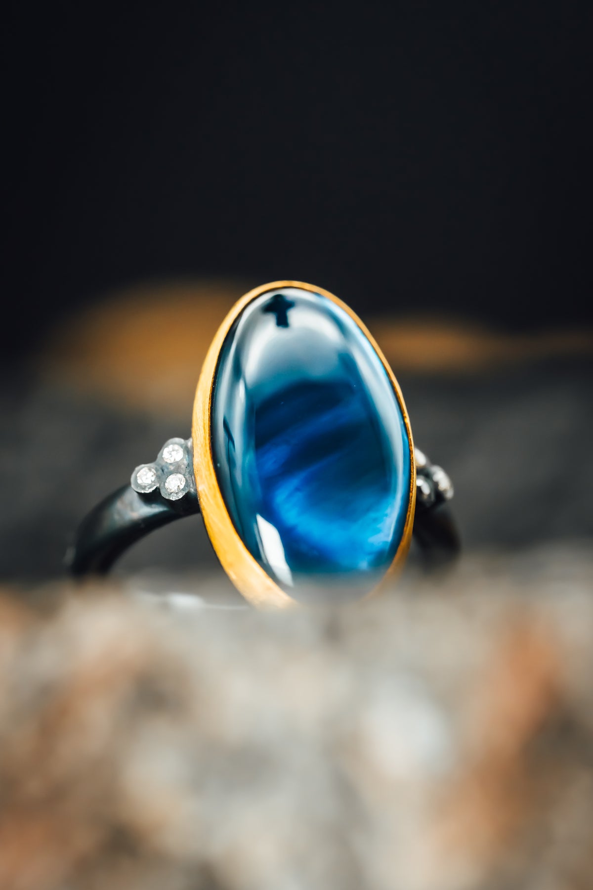 Oxidized Sterling Silver and 24k Yellow Gold London Blue Topaz and Diamond Ring