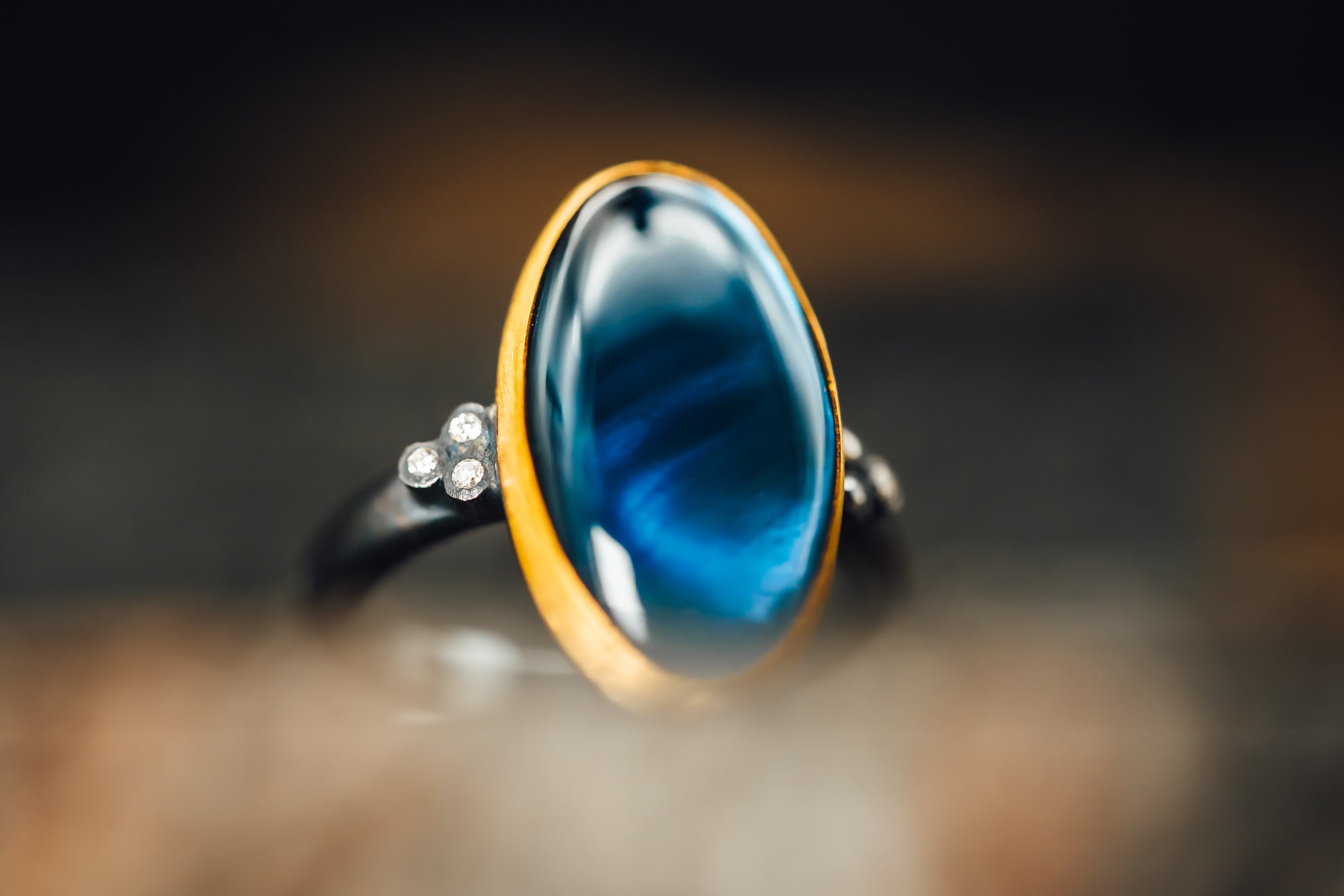 Oxidized Sterling Silver and 24k Yellow Gold London Blue Topaz and Diamond Ring