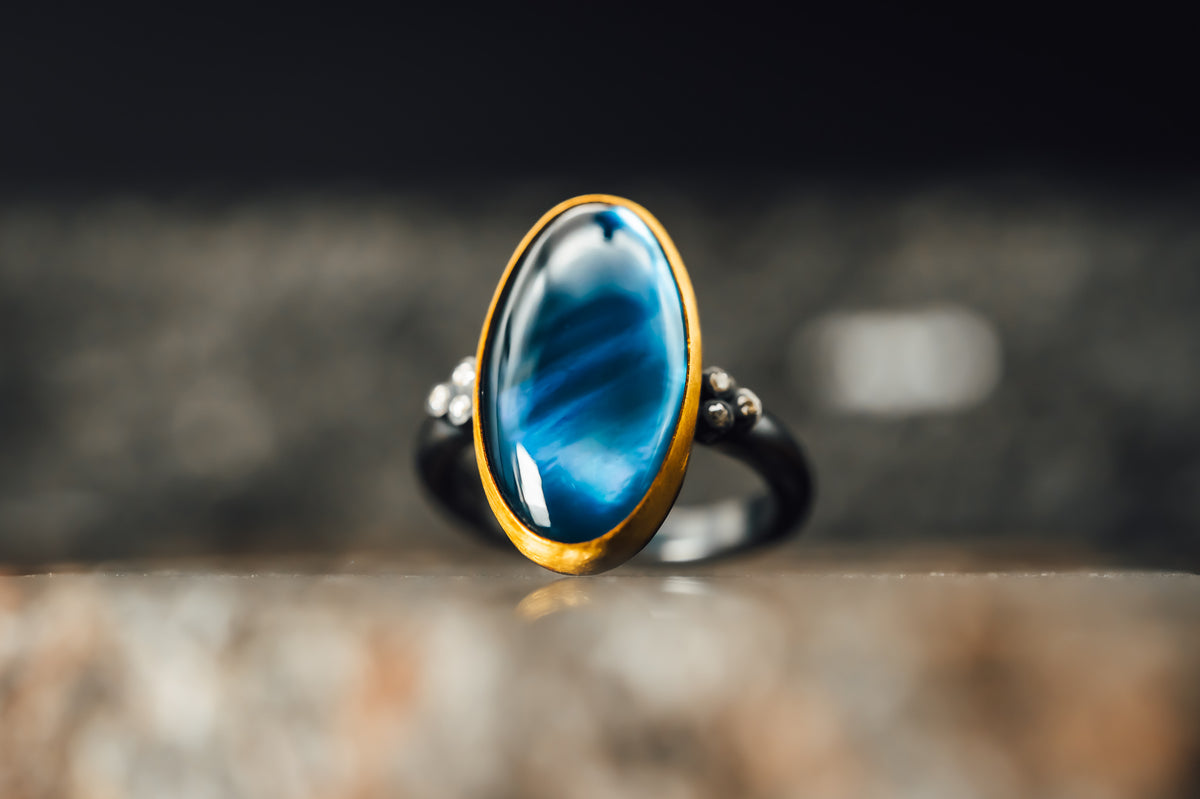 Oxidized Sterling Silver and 24k Yellow Gold London Blue Topaz and Diamond Ring