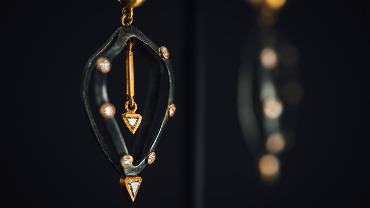 24k Yellow Gold and Oxidized Sterling Silver Diamond Earrings