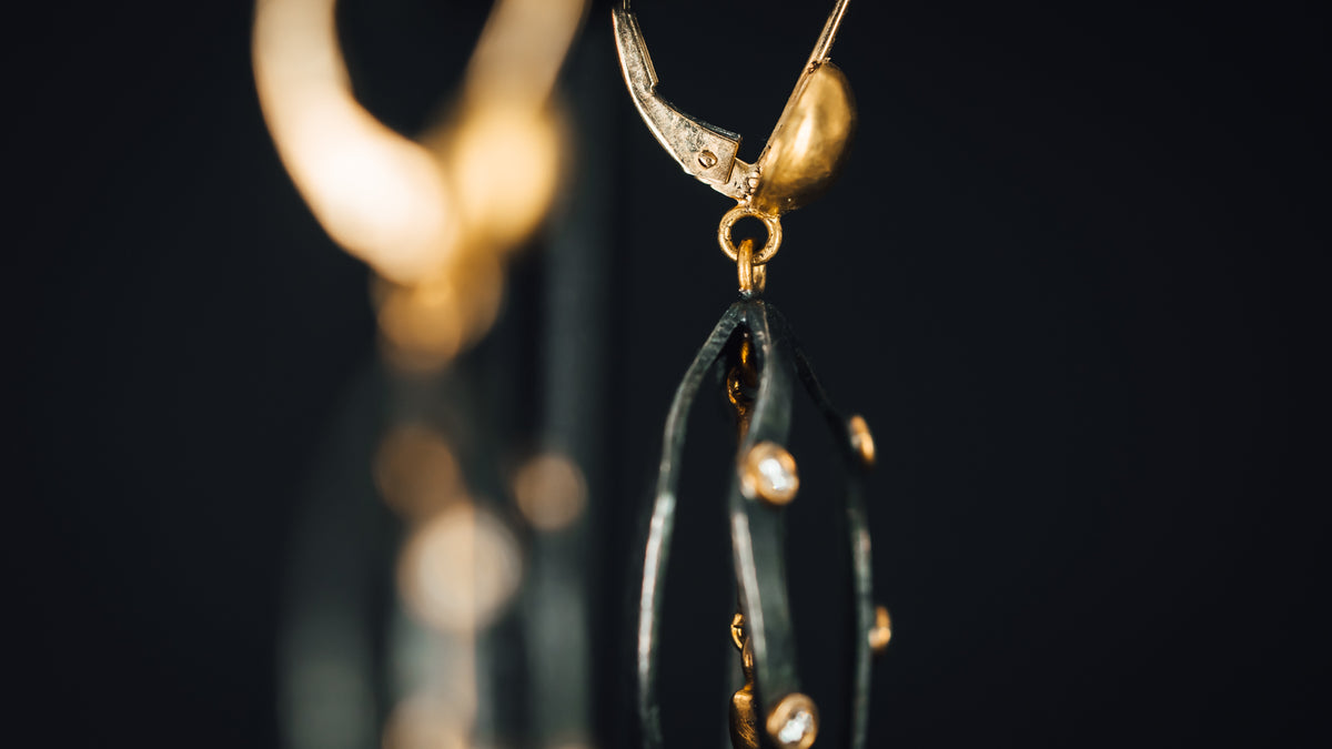 24k Yellow Gold and Oxidized Sterling Silver Diamond Earrings