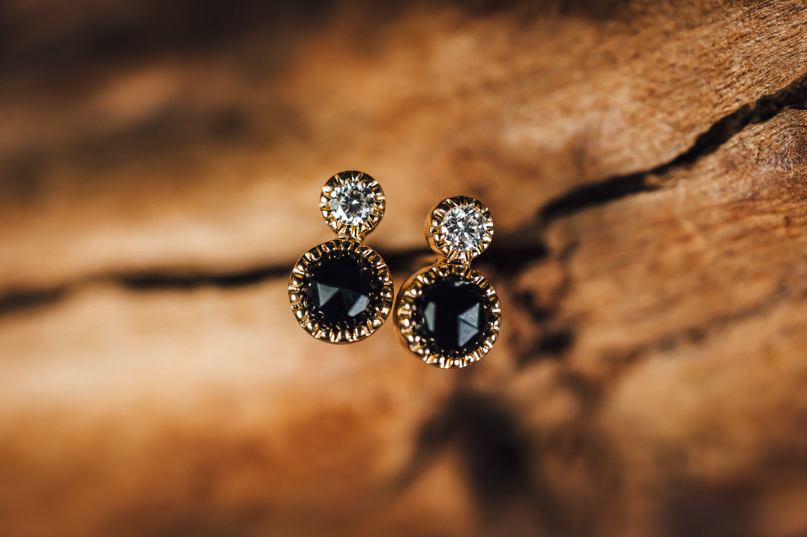 14k Yellow Gold Black and White Diamond Earrings
