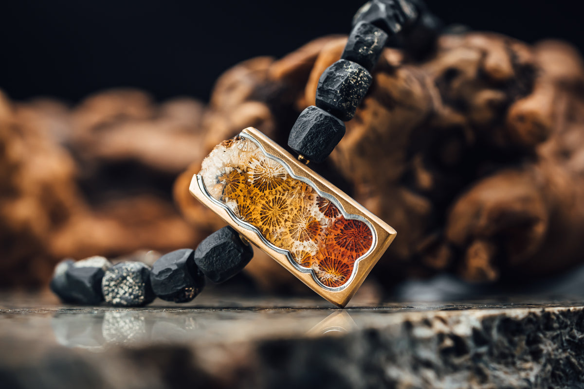 Cubes of Slate with Pyrite Necklace and an 18k White and Yellow Gold Pendant/Clasp with Fossilized Coral