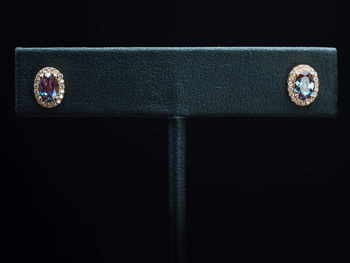 14k Yellow Gold Lab Grown Alexandrite and Diamond Earrings