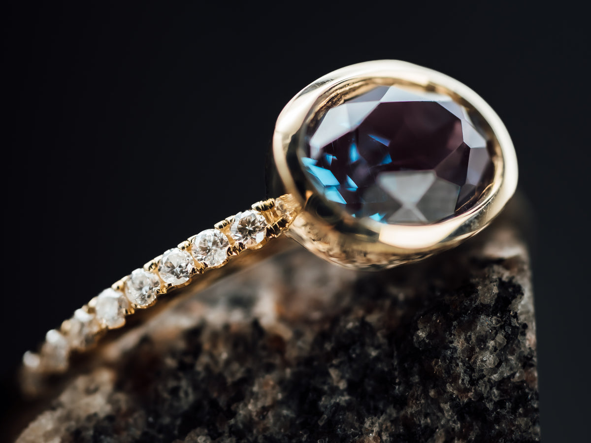 14k Yellow Gold Lab Grown Alexandrite and Diamond Ring