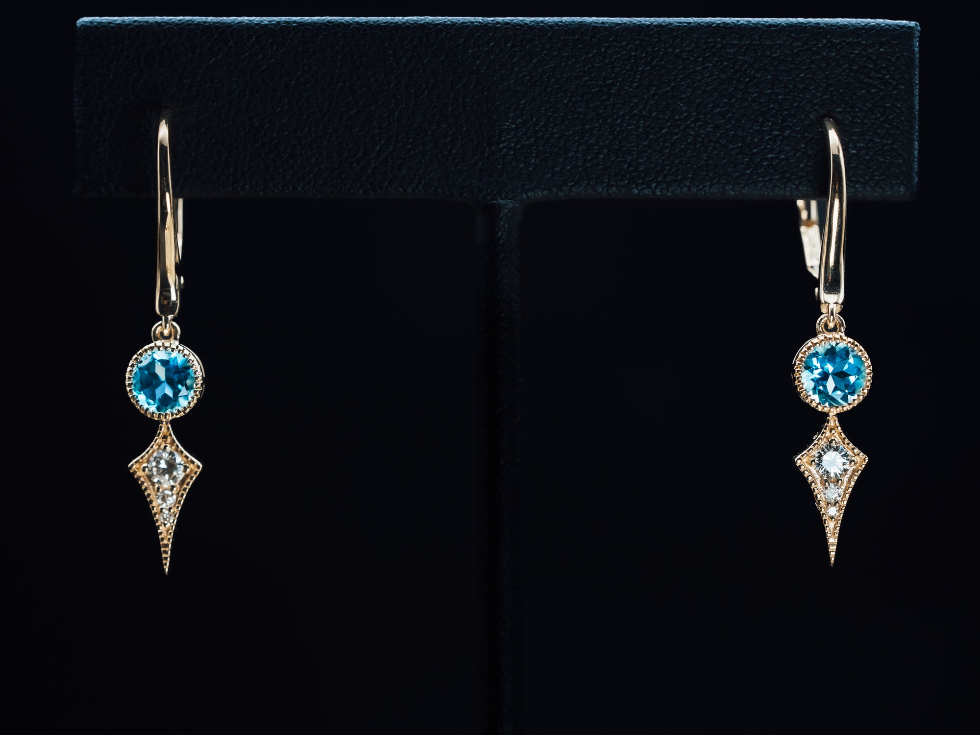 14k Yellow Gold Blue Topaz and Diamond Earrings