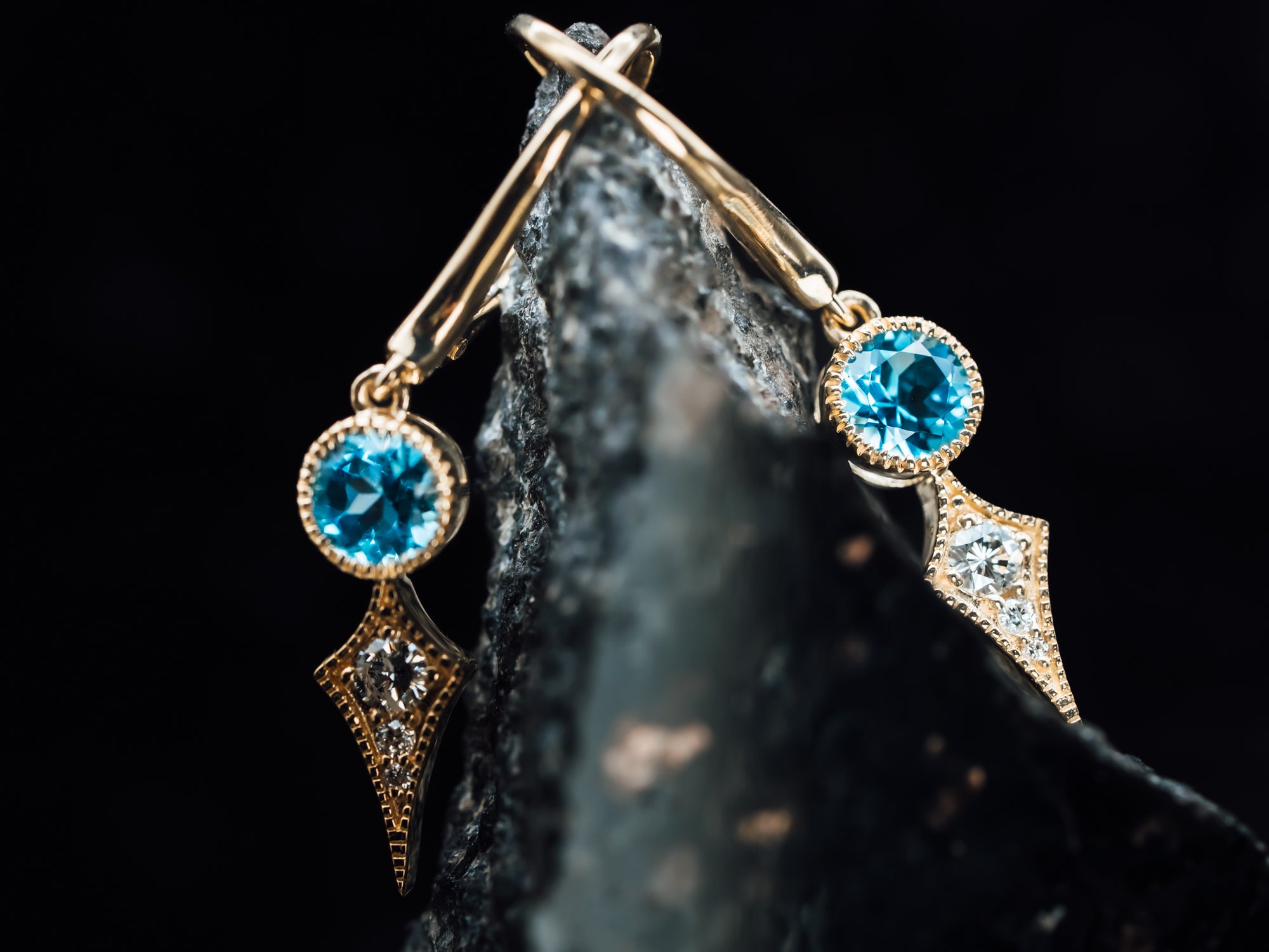 14k Yellow Gold Blue Topaz and Diamond Earrings