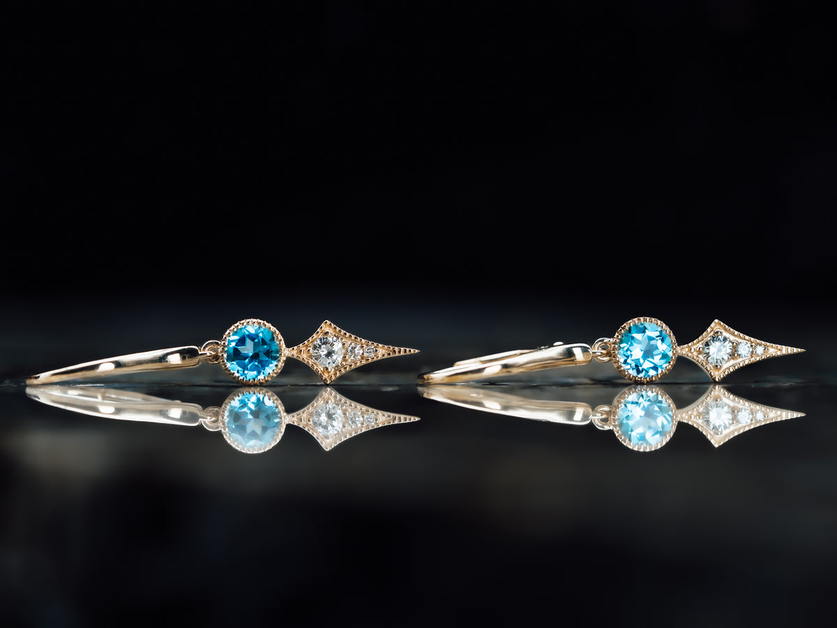 14k Yellow Gold Blue Topaz and Diamond Earrings