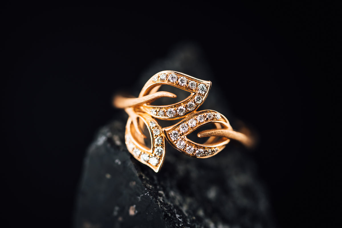 14k Rose Gold and Diamond Leaf Ring